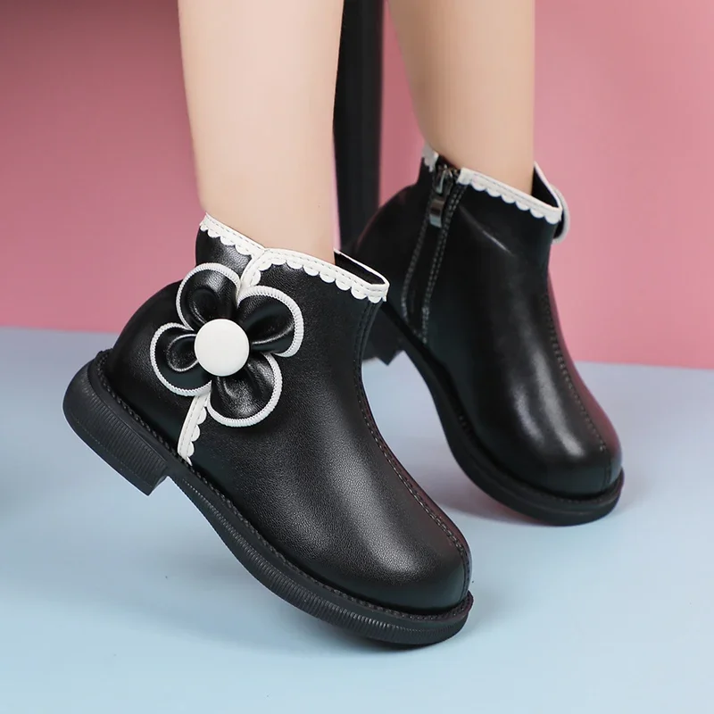 2023 Girls Short Boots Fashion Kids Versatile Soft Black Side Zipper Spring Autumn New Children Leather Boots Drop Shipping PU