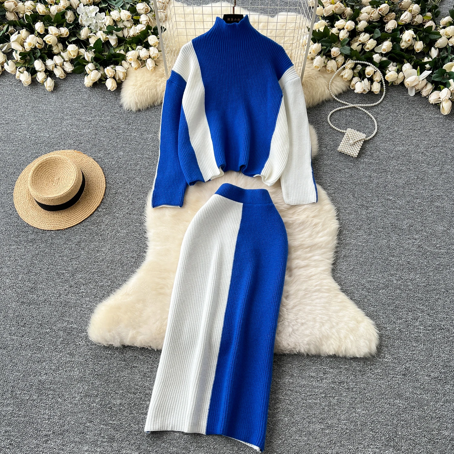 

Women Color Patchwork Knitted Suit Turtleneck Warm Long Sleeve Pullove Sweater+Elastic Waist Midi Skirts Clothes Sets