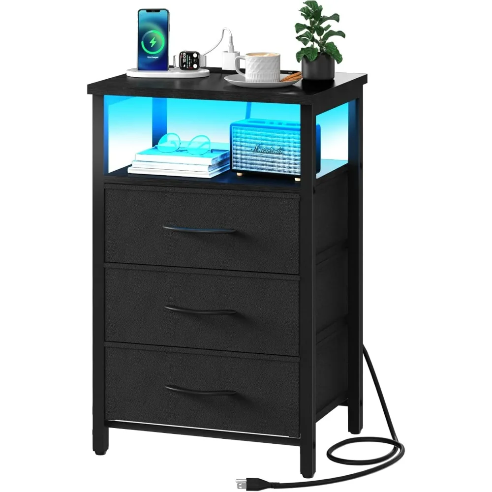 Night Stand with Charging Station,16 Colors LED Nightstand with USB Ports and Outlets,3 Fabric Drawers and Storage Shelf Dresser