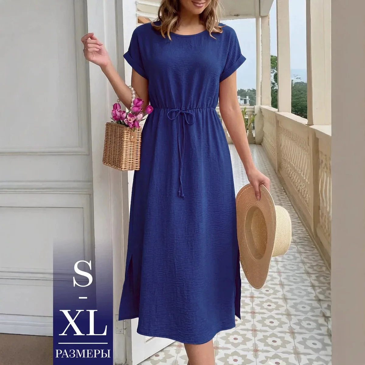 Women Comfortable Soft Fabric Comfortable Solid Dress O-Neck Short Sleeve Waist Drawstring Split Loose Summer New Beach Sundress