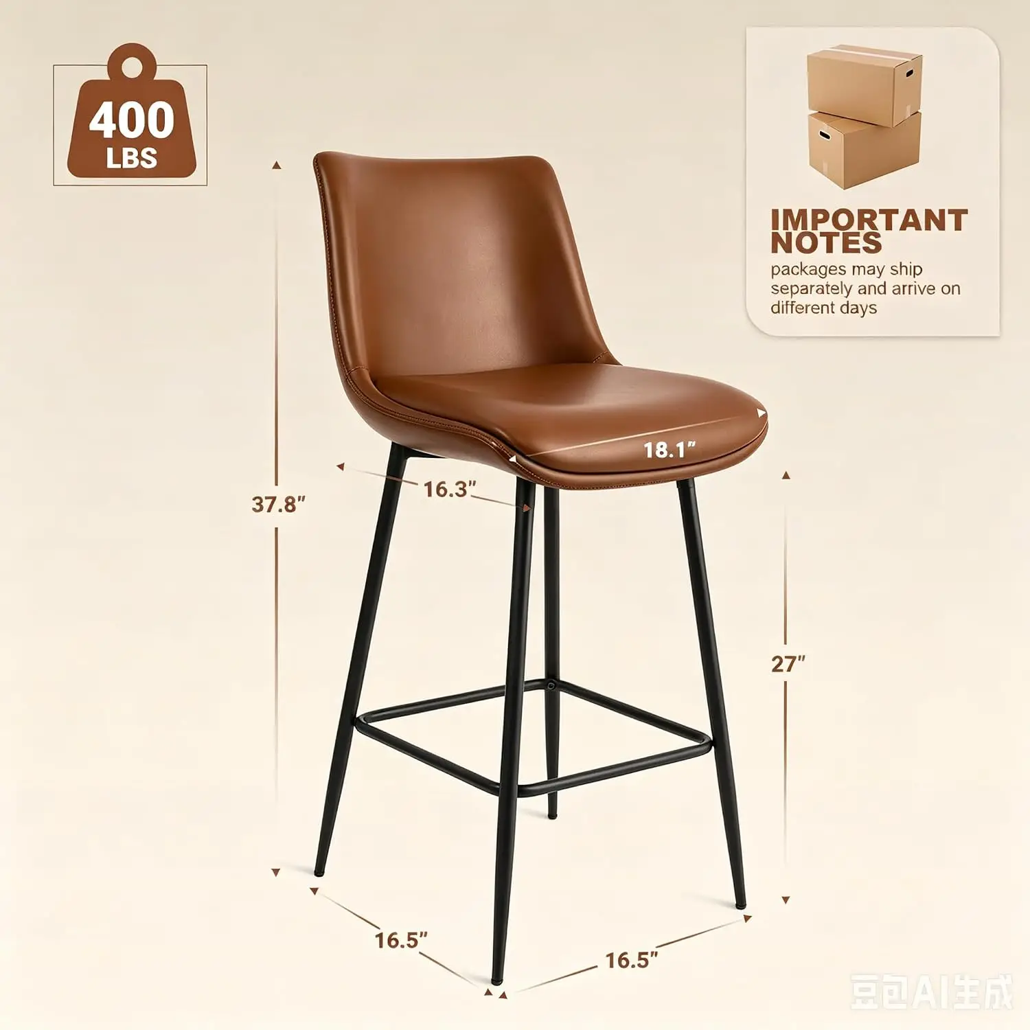 Counter Height Bar Stools Set of 3, FSC Certified Upholstered Faux Leather Barstools with Back, Metal Base, 27