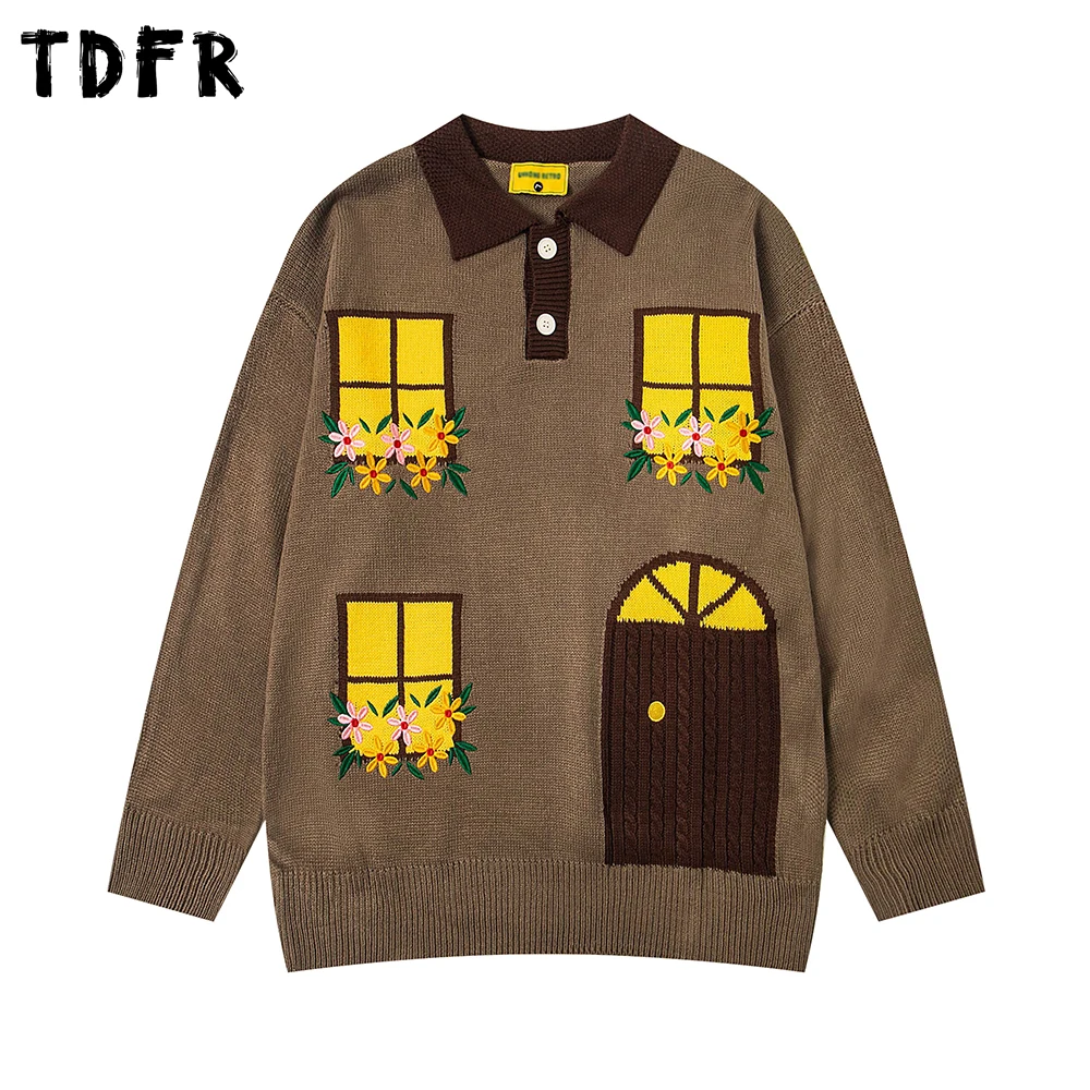

Вязаный свитер с цветочной вышивкой, мужской осенне-зимний пуловер в стиле ретро с лацканами и заниженными плечами, длинными рукавами, мужской пуловер
