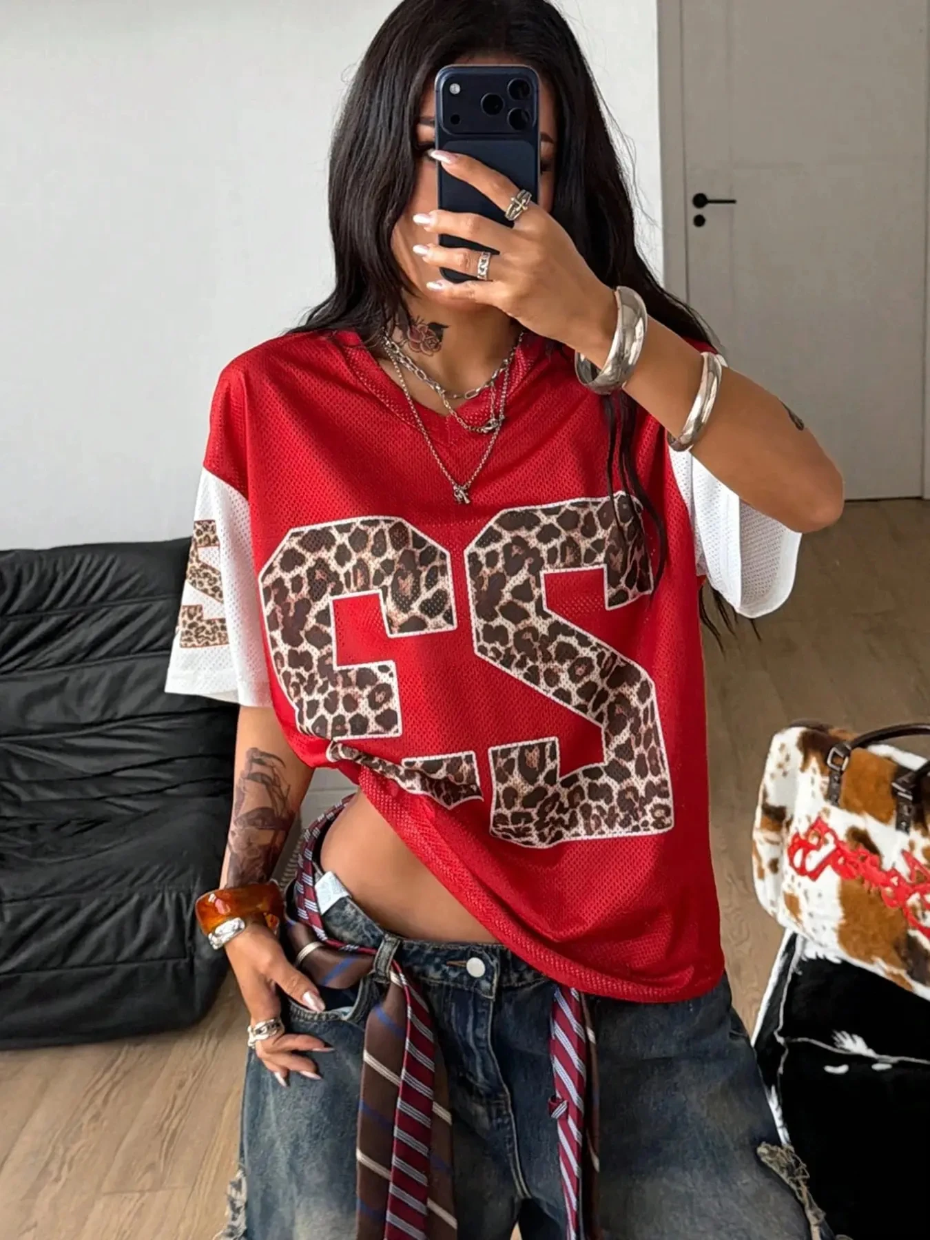 Leopard Print Mesh V-Neck Eye Tee for Women, Loose Fit  blusa ciganinha feminina ombro a ombro women clothing