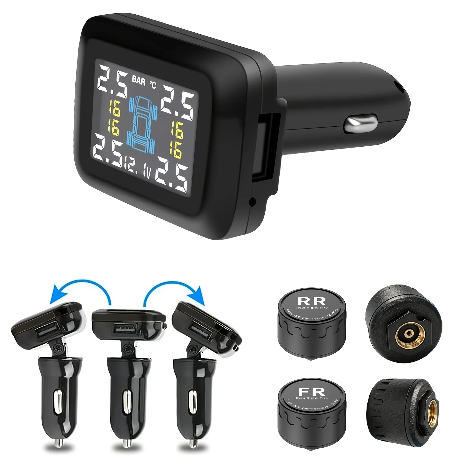 Car TPMS Tire Pressure Monitoring System Car Cigarette Lighter Alarm Tire Pressure Gauge Temperature Warning with 4 Sensors ATV