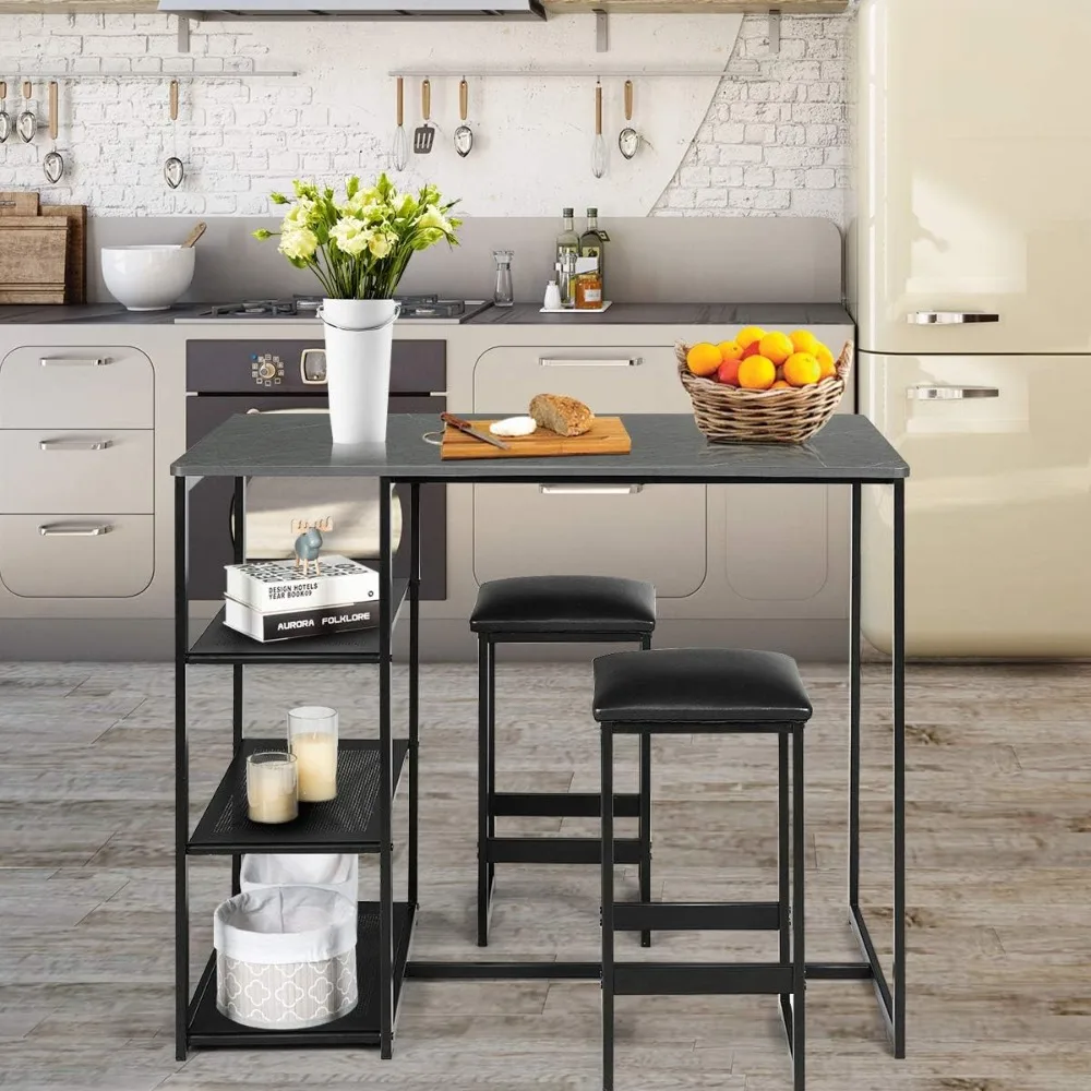 3-Piece Dining Set, Compact 2 Chairs and Table Set, Kitchen Set with Rectangular Faux Marble, 3 Metal Storage Shelves