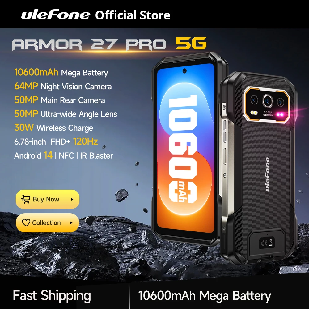 Ulefone Armor 27 Pro 5G Rugged Phone 10600mAh Smartphone 50MP Camera 64MP Night Android 14 Up to 24GB+256GB NFC Waterproof Phone