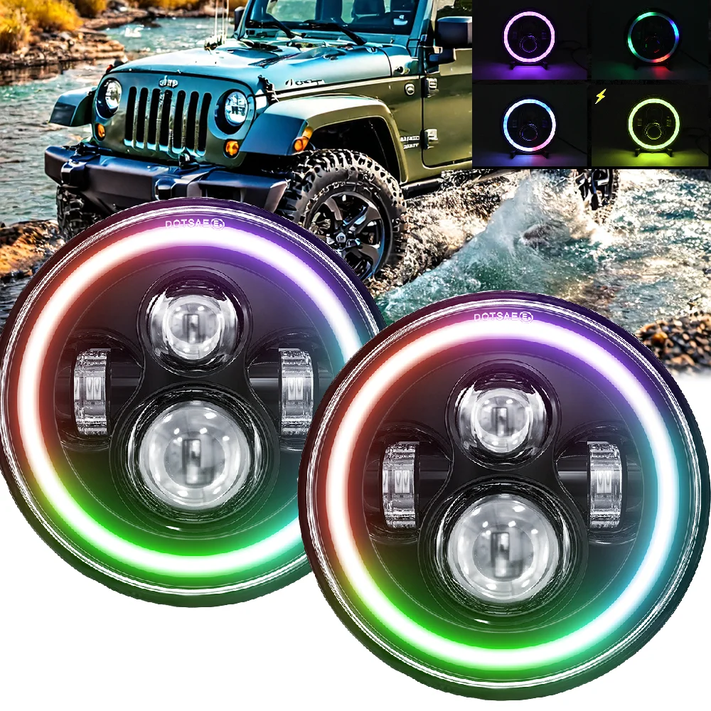 

7 Inch 200W Round Spot Pods Light Bar High/Low Beam Angel Eyes Driving Lights for Harley Davidson Motorcycle Jeep Off Road 4X4