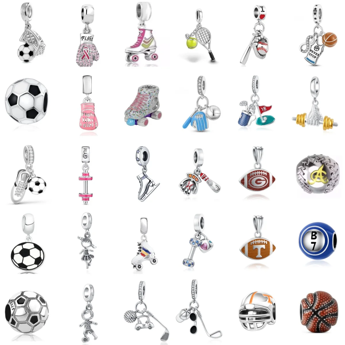 Charm Sports Series Football Basketball Tennis Dumbbell Skating Shoe Pendant European Bracelet DIY Jewelry Women's Gift