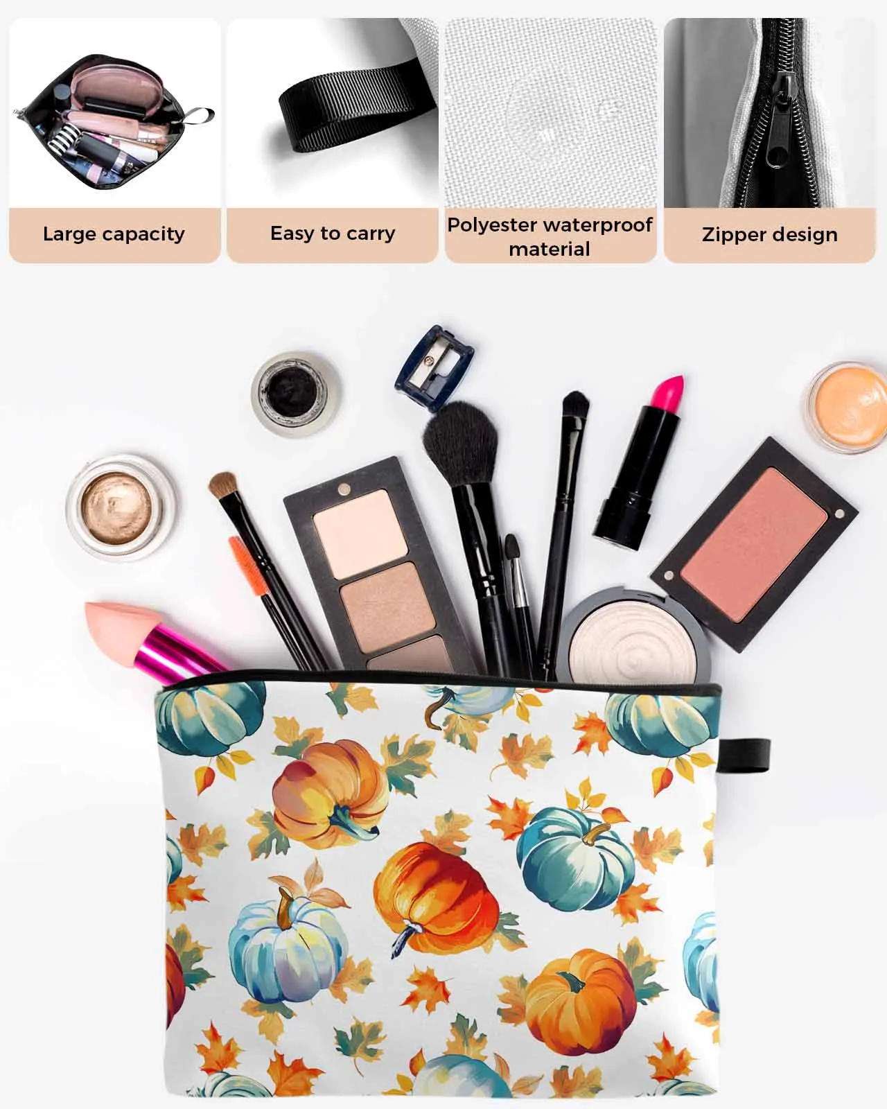 Pumpkin Leaves Hand-Painted Watercolor Women Portable Storage Bag Pouch Napkin Cosmetic Bags Organizer Ladies Makeup Bag