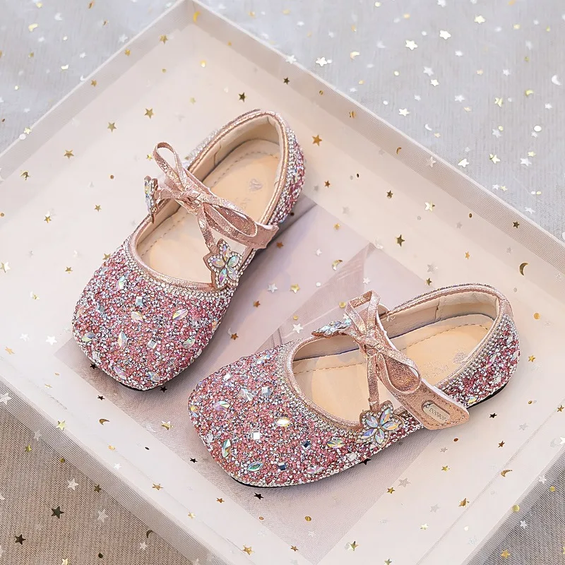 Girls Princess Shoes Square Toes Sweet Bows 2026 New Girls Dance Shoes Shiny Sequins Children Flats Non Slip Performance Shoes