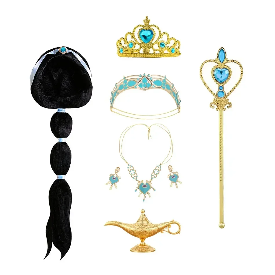 Girls Aladdin Jasmine Princess Necklace Earrings Headwear Cosplay Accessories Clips Wig Earrings without Pierced Ear Clip Women