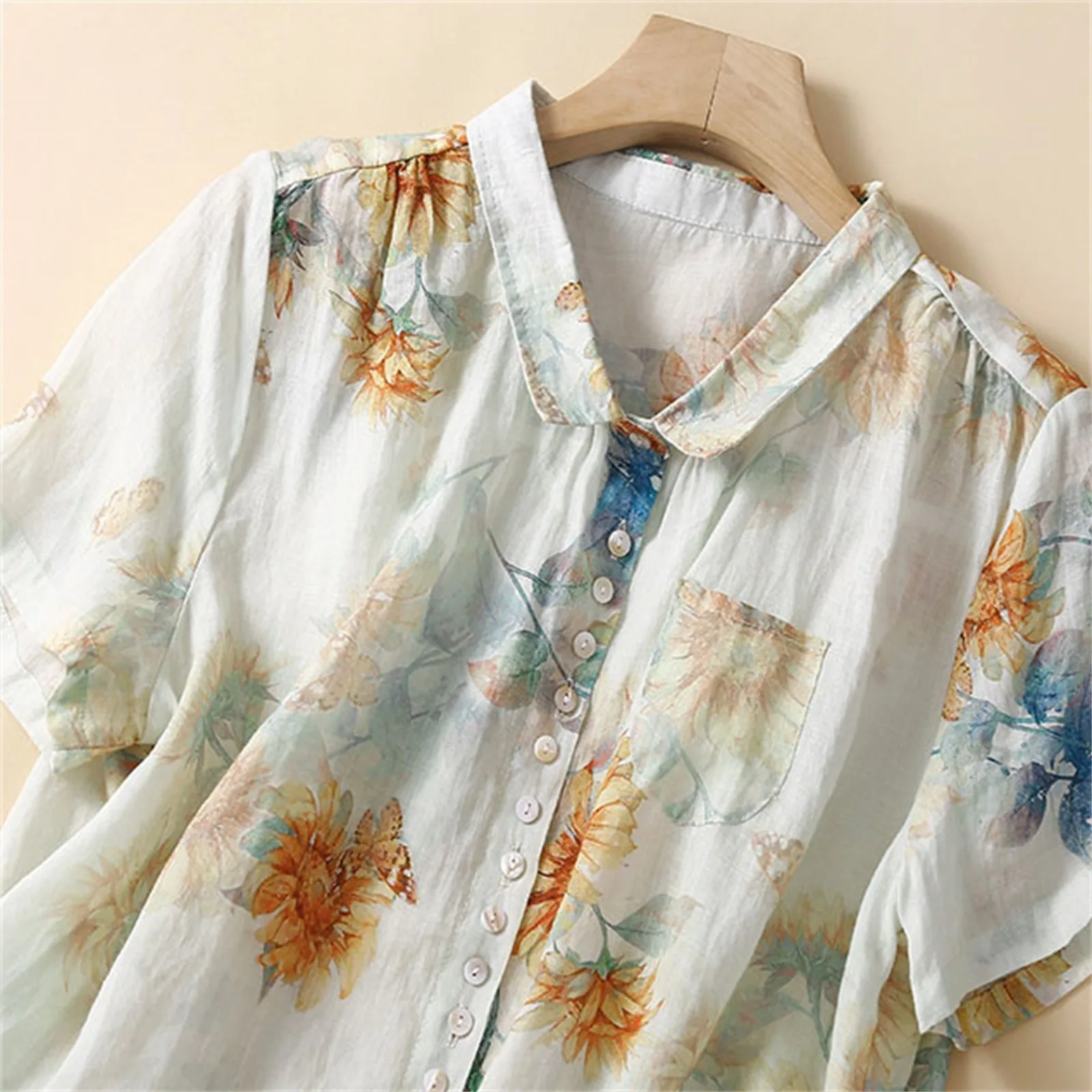 Vintage Floral Print Short Sleeve Button Up Breathable Cotton Linen Shirt Oversize Denim Shirt for Women