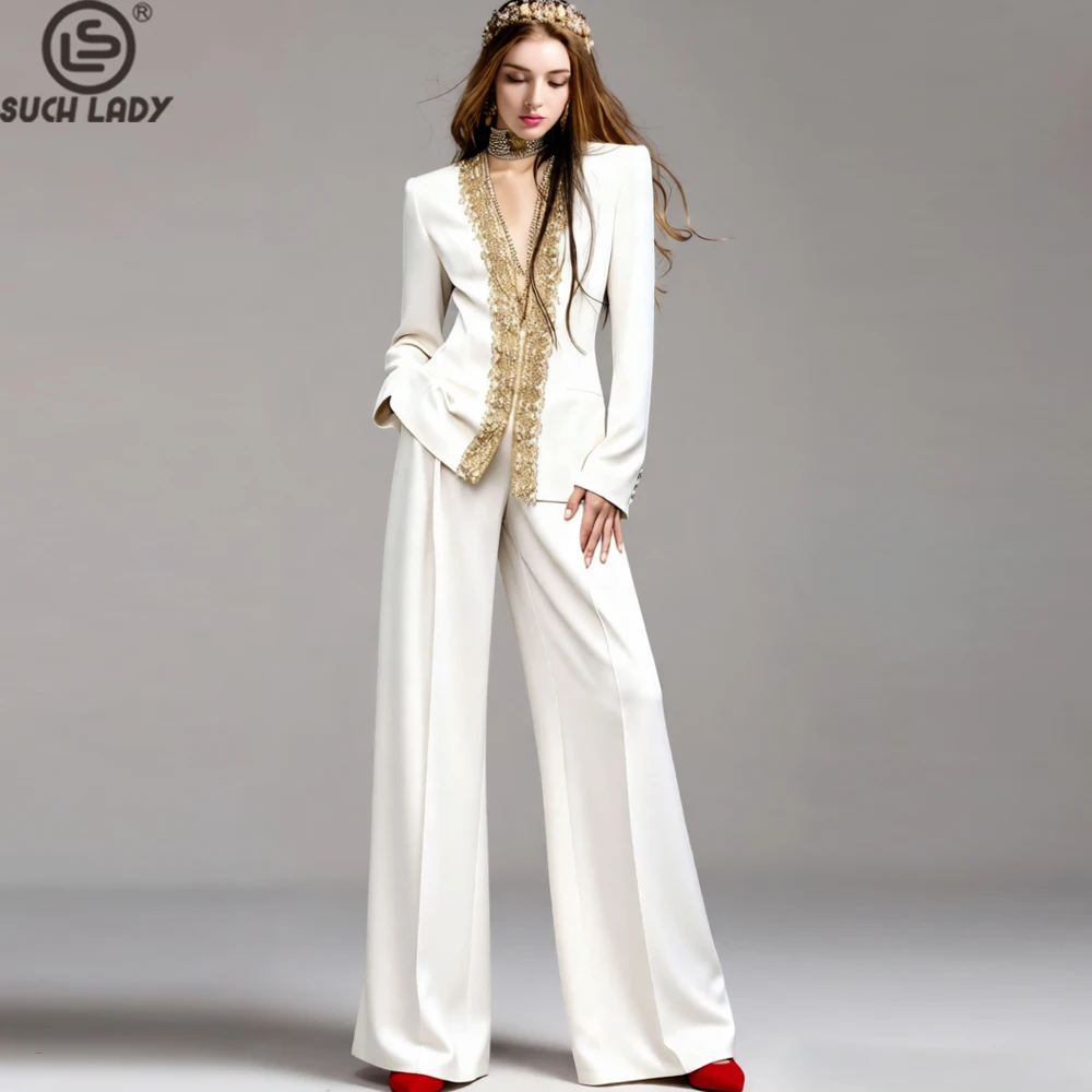 White Embroidered Blazer & Wide Leg Pants 2 Piece Set for Women - Elegant Gold Beaded Formal Suit for Party, Wedding, Event