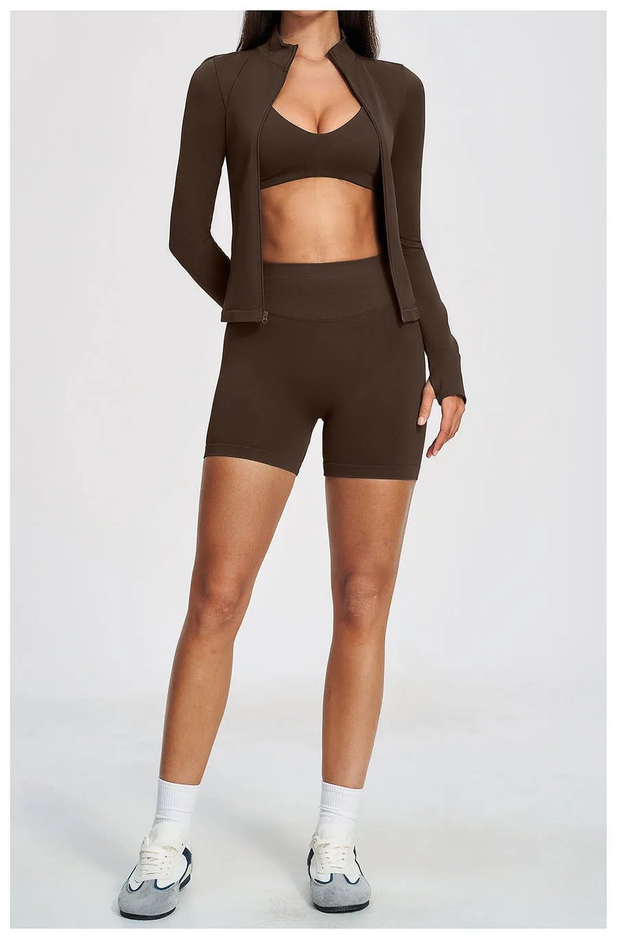 Nahtloses Yoga-Set 3-teilig, Sportbekleidung für Damen, Langarm-Trainingsanzug, Fitness-Set, Sport-BH, Leggings, Sportanzug – Detail 21