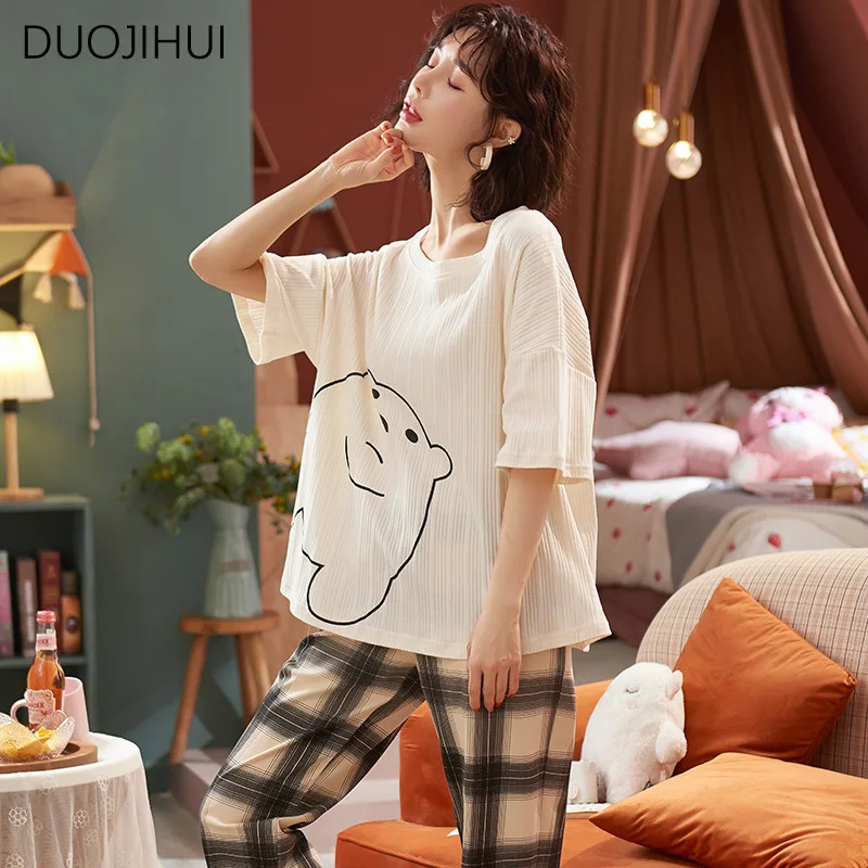 DUOJIHUI-Conjunto de pijama de dos piezas para mujer, ropa de casa con estampado elegante, jersey de cuello redondo, pantalón Simple, moda coreana, Verano