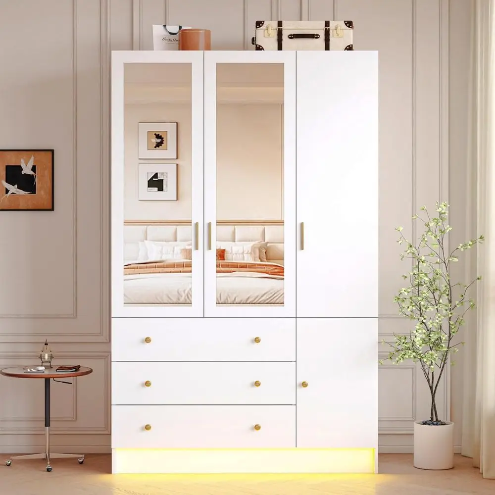 

75 Tall 3-Door Wooden Wardrobe with LED Lights, Mirror, Hanging Rod & Adjustable Shelves - White