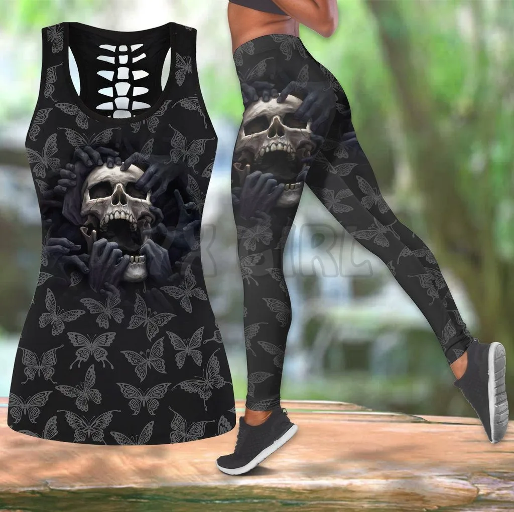 Skull Roses Fire Combo Tanktop + Legging 3D Printed Tank Top+Legging Combo Outfit Yoga Fitness Legging Women