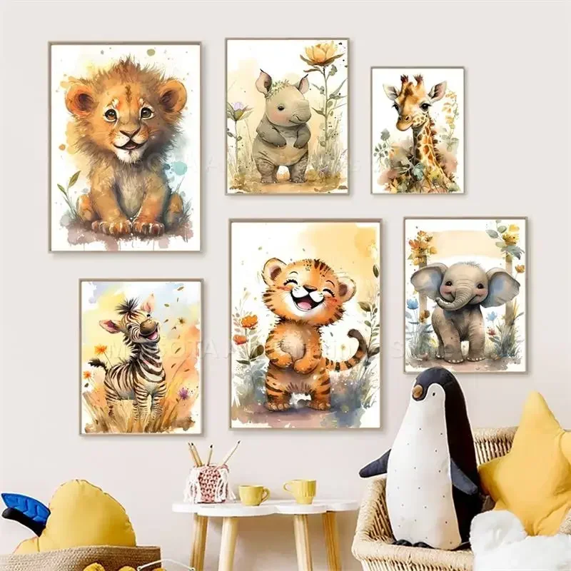 Watercolor Lion Giraffe Tiger Elephant Zebra Nursery Wall Art Canvas Painting Animal Poster Prints Pictures Baby Kids Room De