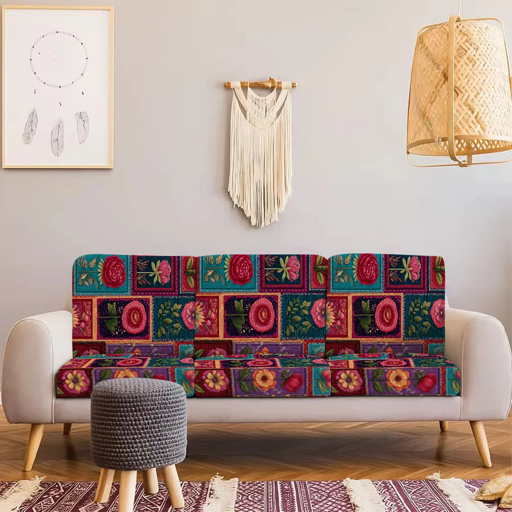 Bohemian Floral Printed Outdoor Sofa Cover, Summer Elastic Milk Silk Couch Cushion Protector, Pet - Friendly,