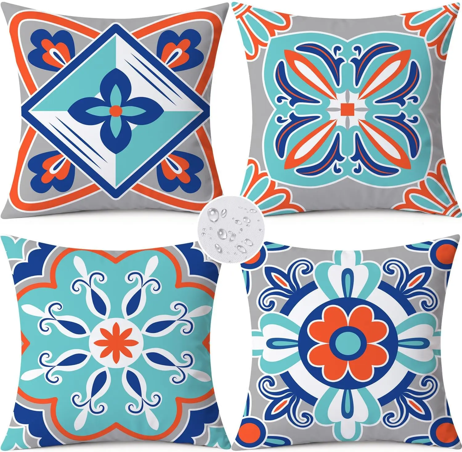

4Pcs Mediterranean Ceramic Floral Throw Pillow Covers with Symmetric Mandala Tile Art Cushion Cases for Balcony Patio Garden