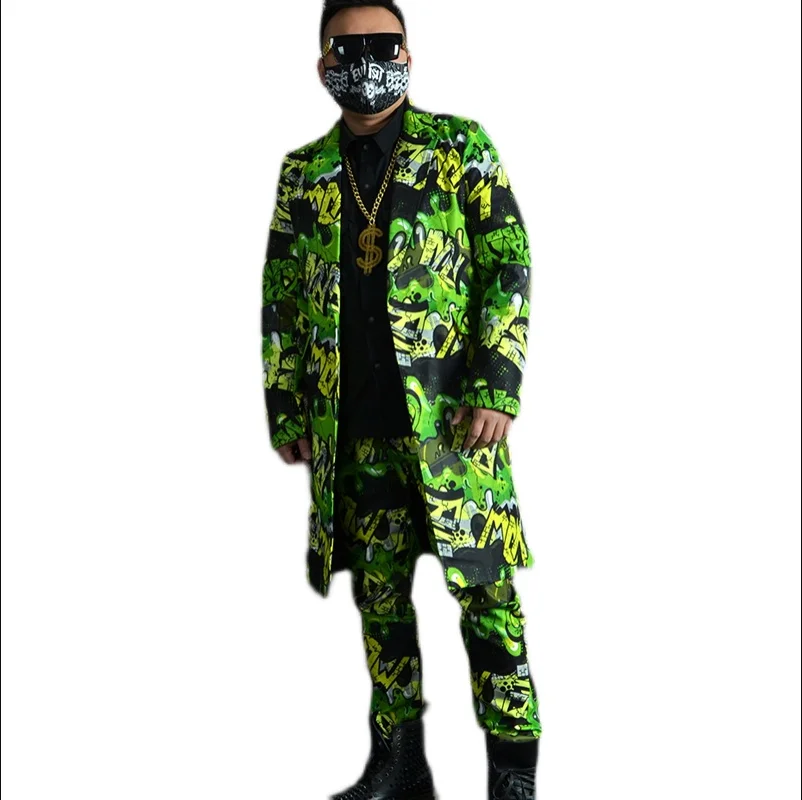 Green Graffiti Printed Hip Hop Long Suit Coat Pants Outfits Male Singer Bar Nightclub Hairdresser Party Club Dance Stage Set