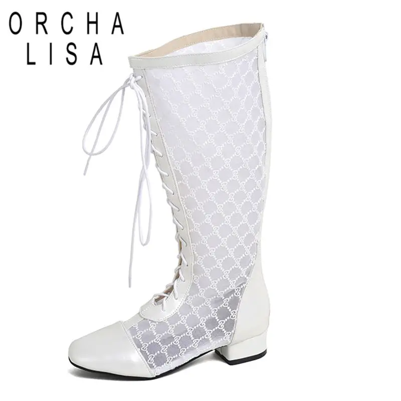 

ORCHA LISA 2025 Женские летние ботинки с квадратным носком на низком каблуке 3 см на молнии со шнуровкой и дышащей сеткой Большие размеры 45 46 До колена для свиданий Bota