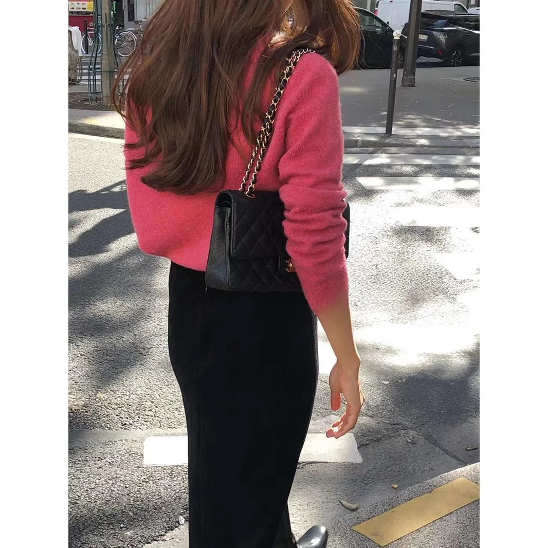 

Розовый шерстяной вязаный свитер с круглым вырезом, облегающий, в уличном стиле, с длинными рукавами, осенне-зимний, комфортный, приятный к телу