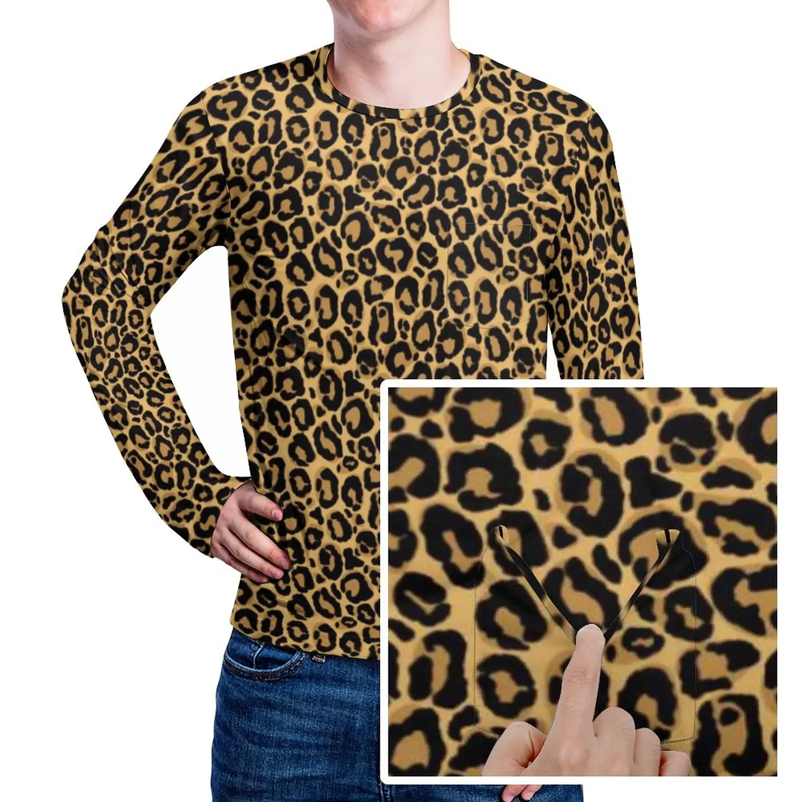 Cheetah Brown Orange T-Shirt Leopard Pattern Animal Print Men Hip Hop T-Shirts Custom Tee Shirt Long Sleeve Classic Plus Size