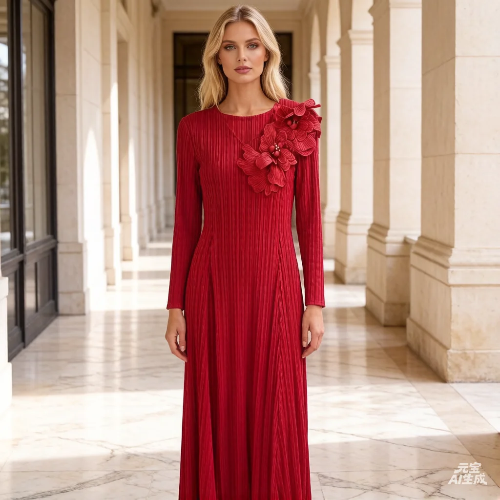 

Miyake Pleats 2026 New Spring Collection: Elegant V-Neck Floral Pleated Fashion Dress for Women Mid-Length Waist-Defining Skirt
