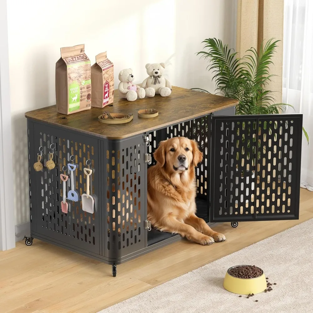 

Heavy Duty Dog Crate Furniture for Large and Medium Dogs, 43.7 Inch Large Dog Crate Kennel with Flip Top & Cushion & Wheels