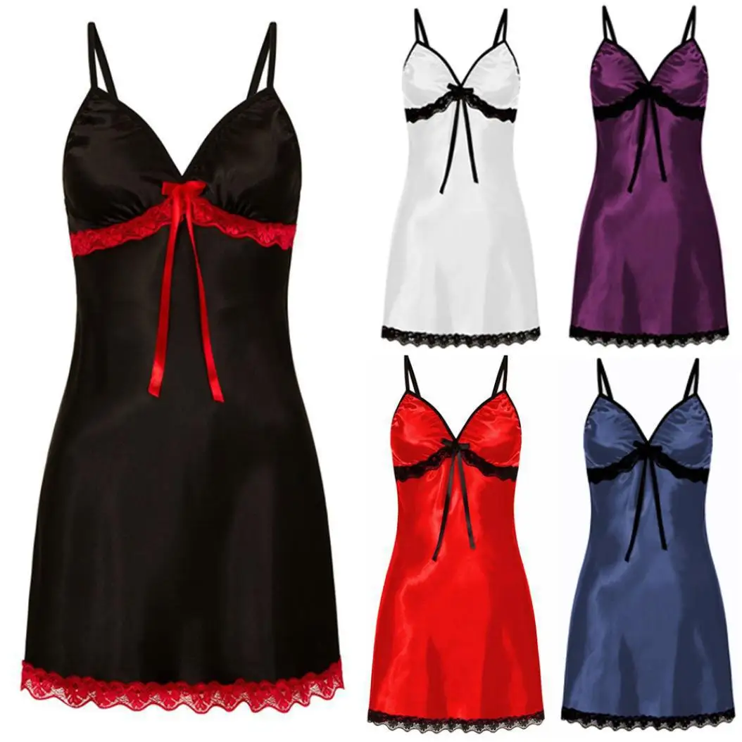 

Sexy Nightgown Women's Lace Trim Sleepwear Ribbon Tie Chemise Lingerie Adjustable Strap Nightdress Silky & Comfortable New
