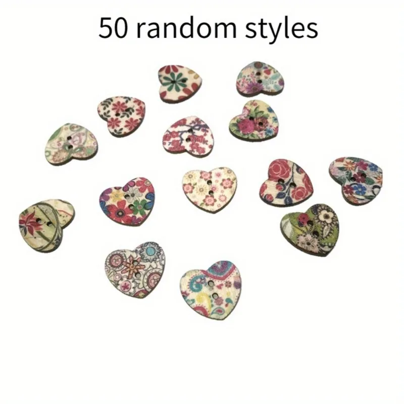 50pcs Multicolor Heart Shape 2 Holes Wood Sewing Buttons Scrapbooking Bouton Random style