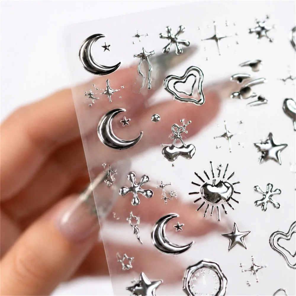 1Pc Gothic 5D Silver Hot‑Stamping Nail Sticker Adhesive Punk Melting Heart Clock Moon Star Bow Decals Y2K DIY Nail Accessory Kit