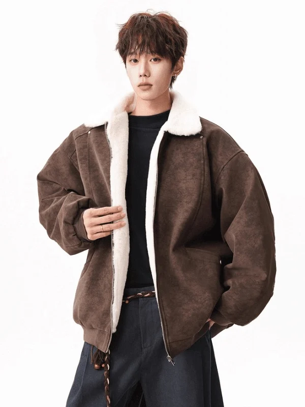 

American Retro Lamb Fur Collar Jaet Men's PU Leather Cotton Clothes Winter Thi Warm Workwear Cotton Coat Casual Sle