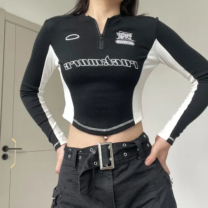 Zip Up V Neck Slim Long Sleeve T-Shirt Korean Style Women's Contrast Patchwork Letter Print Moto & Biker Y2K Crop Tees