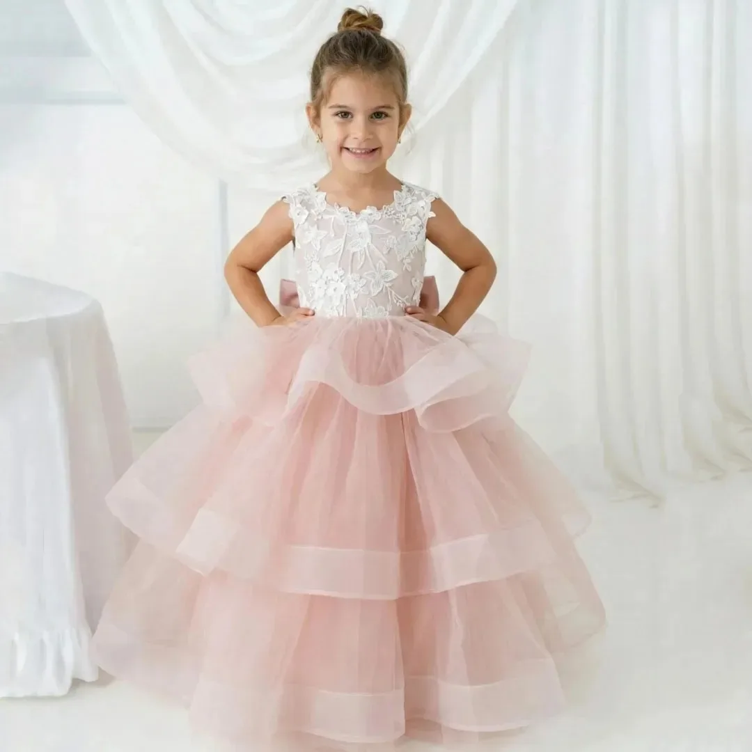 Customized Flower Girl Dress Pink Tulle Applique Bow Layered Design Suitable for Weddings, Birthday Parties, and Proms