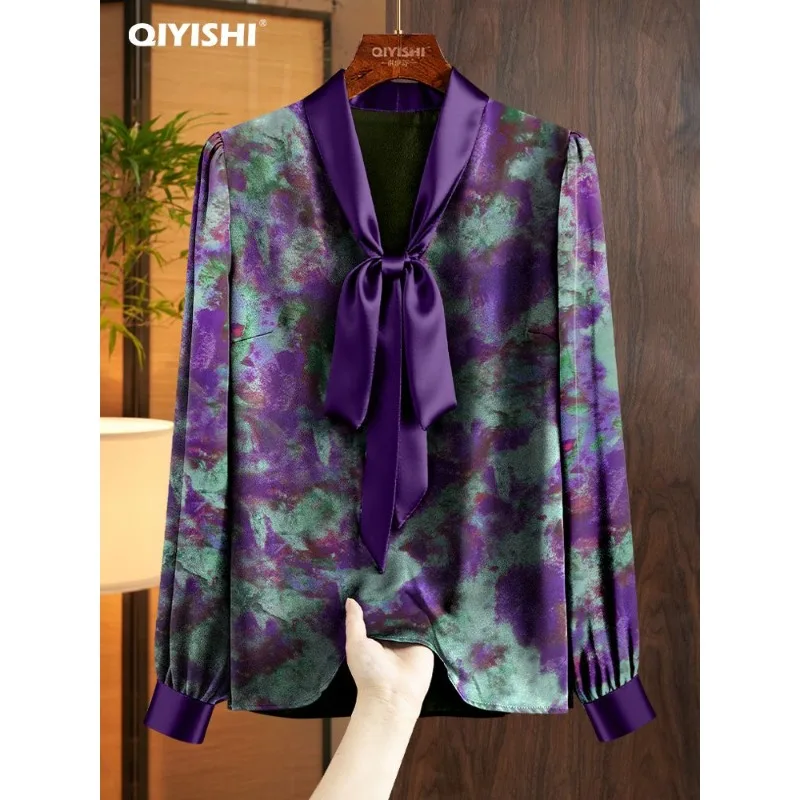 Elegantes Pendler-Temperament-Top mit violetter Taille, 2025, neues Herbst-Batik-Satin-Spitze-Kontrast-Hemd mit V-Ausschnitt