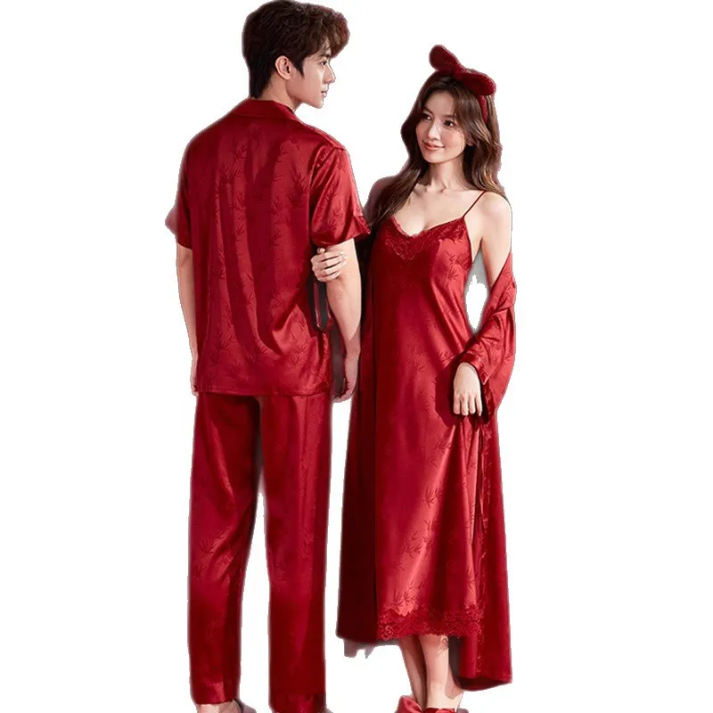 Red Wedding Pajamas Newlywed Couple Set Ice Silk Morning Gown Groom and Bride Wedding 2026 New Summer Wedding