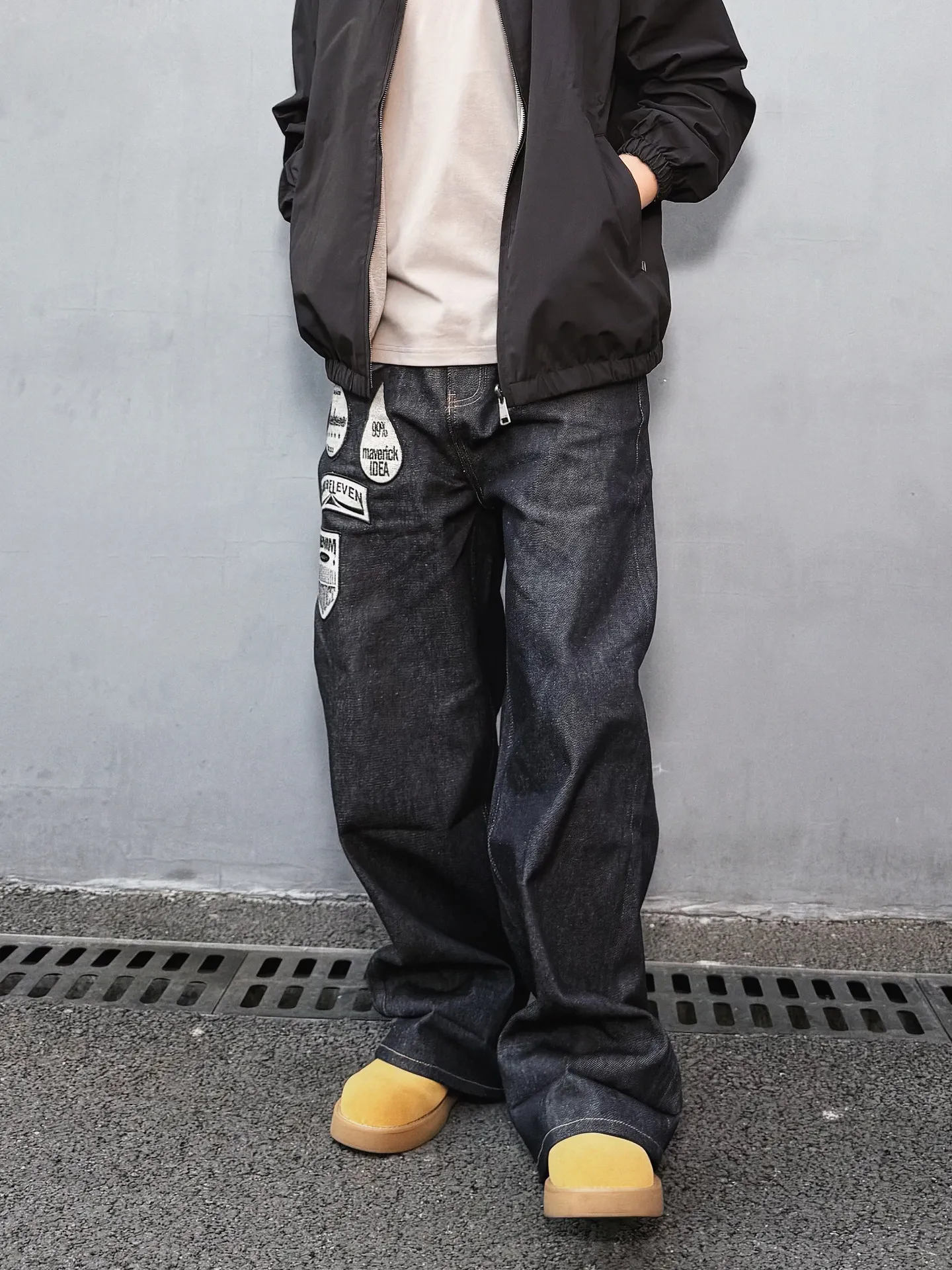 

Американские мужские джинсы с широкими штанинами в уличном стиле, свободные прямые брюки с вышивкой и пэчворком, повседневные, свободного кроя