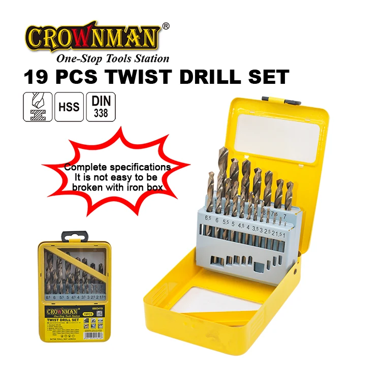 CROWNMAN Power Tool Accessories Amber Color 4241 Fully Milled Hand 19pcs HSS Straight Shank Twist Drill Bit Set