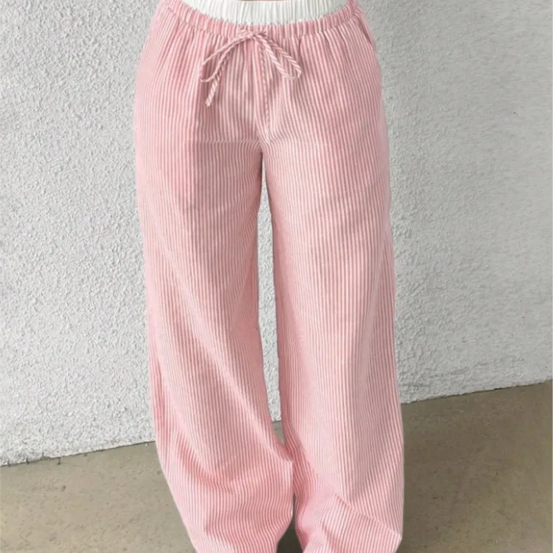 

Casual Trousers Spliced ​​striped Women's Casual Loose Fashionable Spring Autumn Clothes Lace-up High-waisted Wide-leg Pants