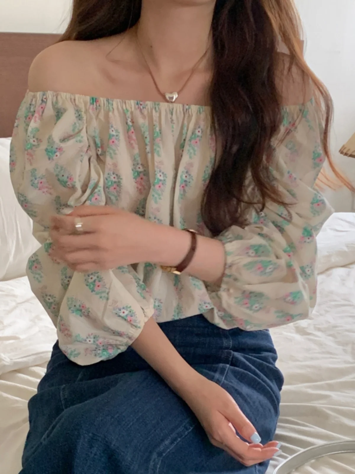 Minceur Chic une épaule lanterne Sve femmes irt exposant la clavicule Sexy été coréen Sle Floral trajet irt