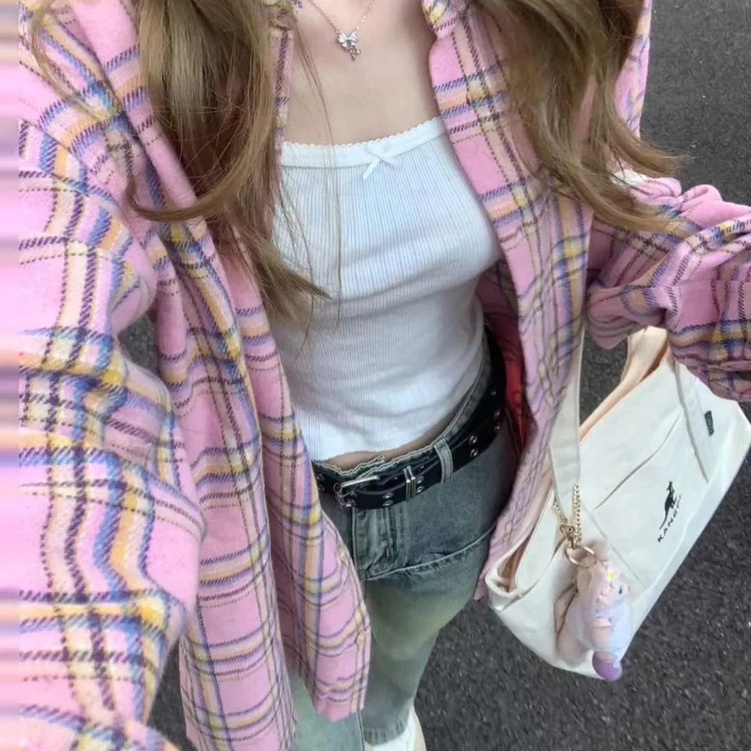 

plus Size 300 Pounds Fat MM Early Spring Plaid Shirt Women Hong Kong Style Loose Lazy Long Sleeve Shirt Coat Korean Version