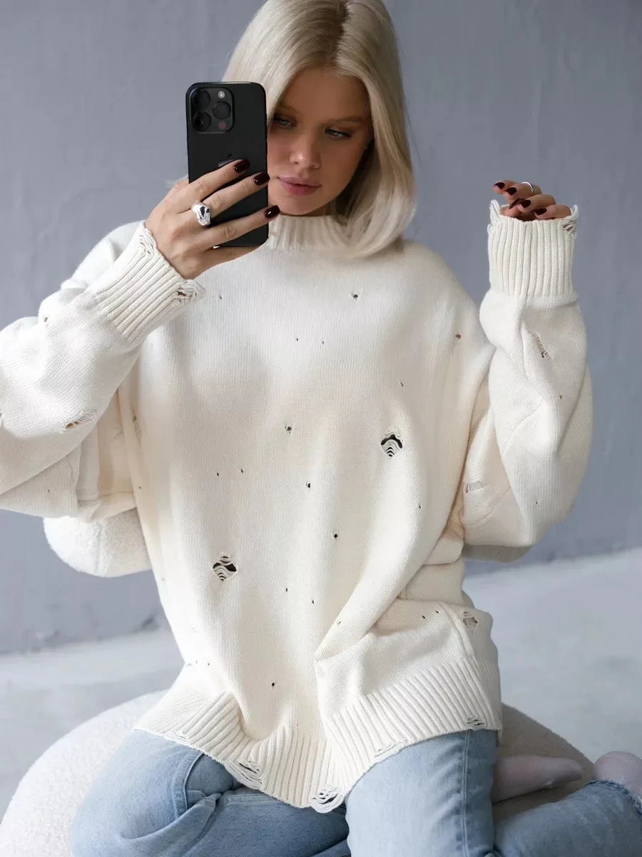 Autumn Winter Long Sleeves Hole Sweater Women Ripped Harajuku Oversized Pullovers Knitted Sweater Female Loose Jumpers Sweater