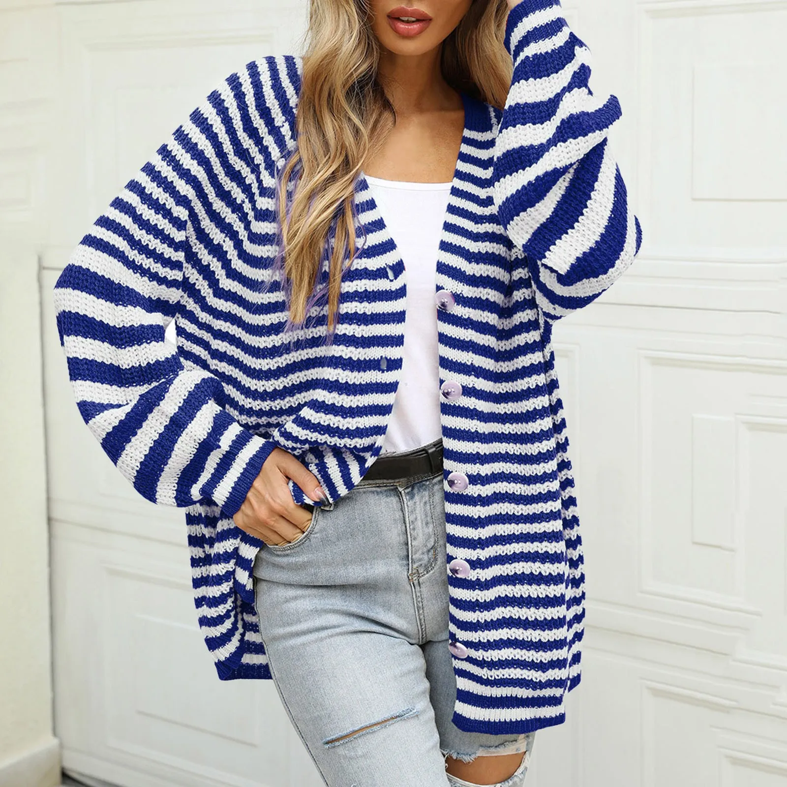 Women Cardigan Single Breasted Casual Fashion Loose Large Size Striped Cardigan Knit Coat For Women Front Slit Cover Ups Sweater