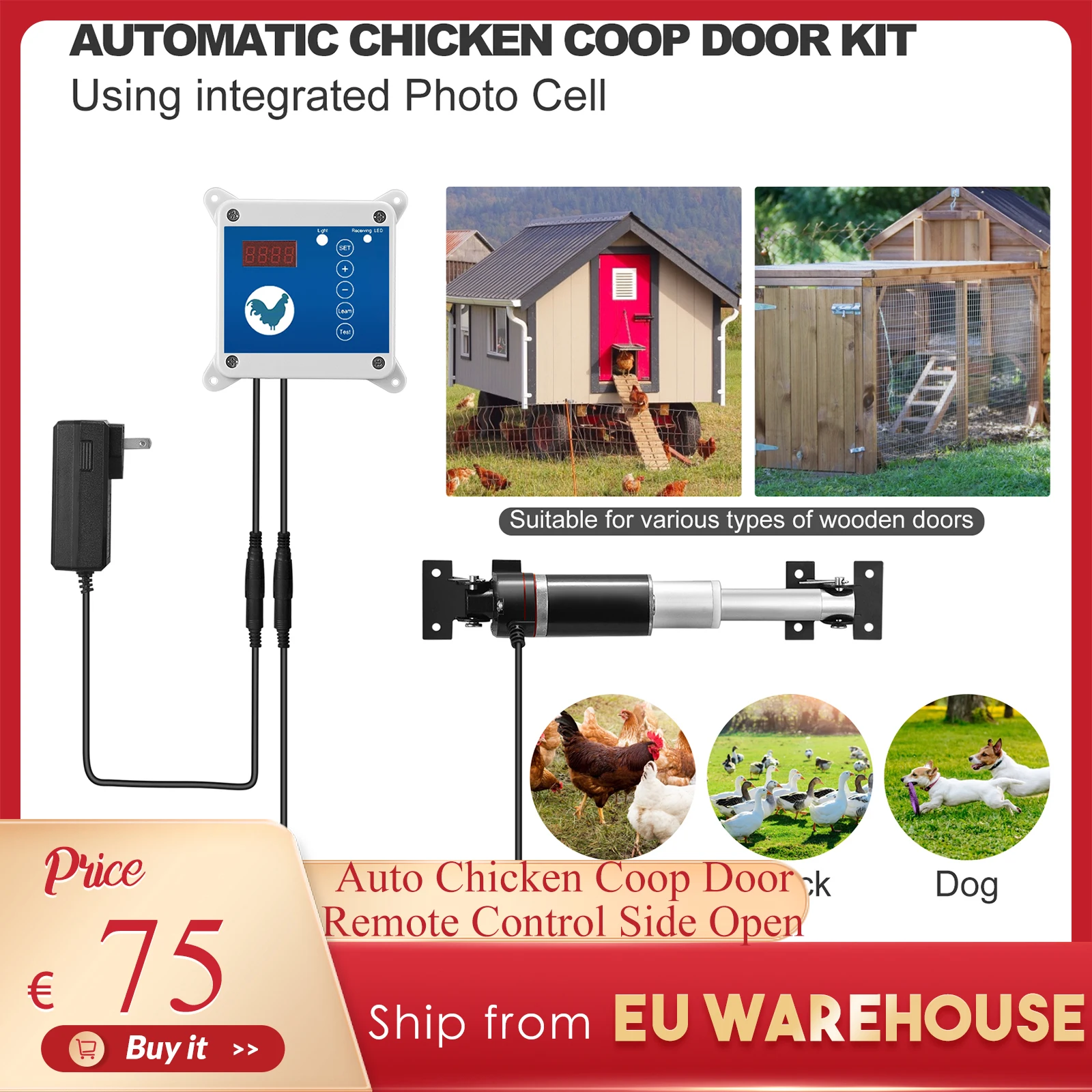 

Automatic Chicken Coop Door, Side Open Timer, Adjustable Light Sensor, Rainproof Outdoor Remote Control, Chicken Cage Door