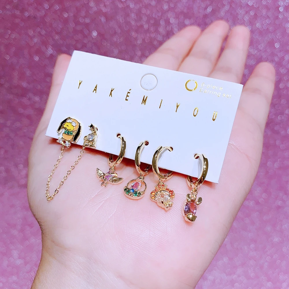MIGGA 6pcs Mix and Match Design Cartoon Dangle Earrings Set Gold Plated Cubic Zircon Women Jewelry