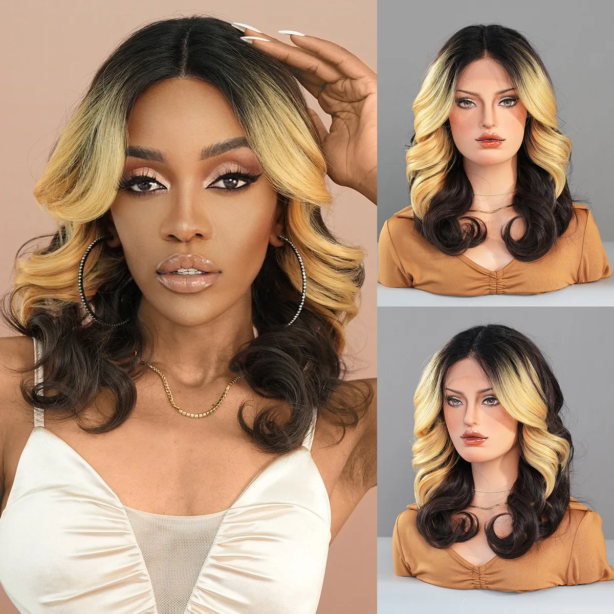 Lace Curly Wigs,  T-lace wig made of chemical fiber, highlights golden split curls