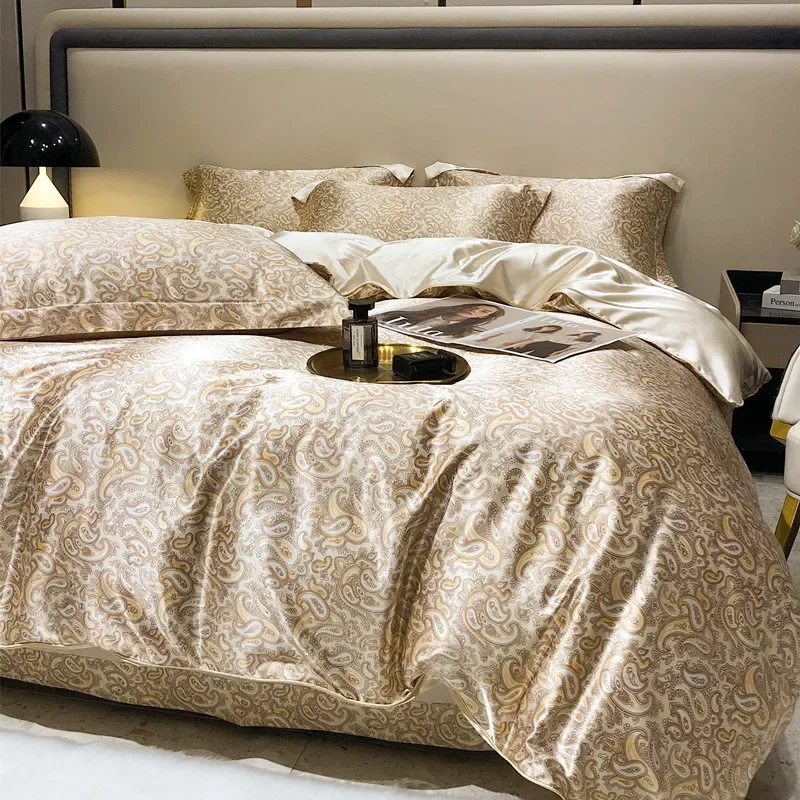 Pure Mulberry Silk Bedding Set with Fitted Sheet Duvet Cover Pillowcase Summer Printed Ice Cooling Bed Liners Queen King Size