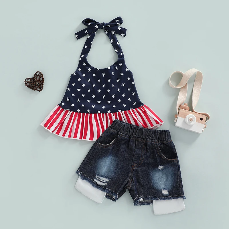 2 Pcs Baby Fourth of July Sets Boys American Flag Tank Tops Denim Shorts with Stars Stripes Print Patriotic Outfits for